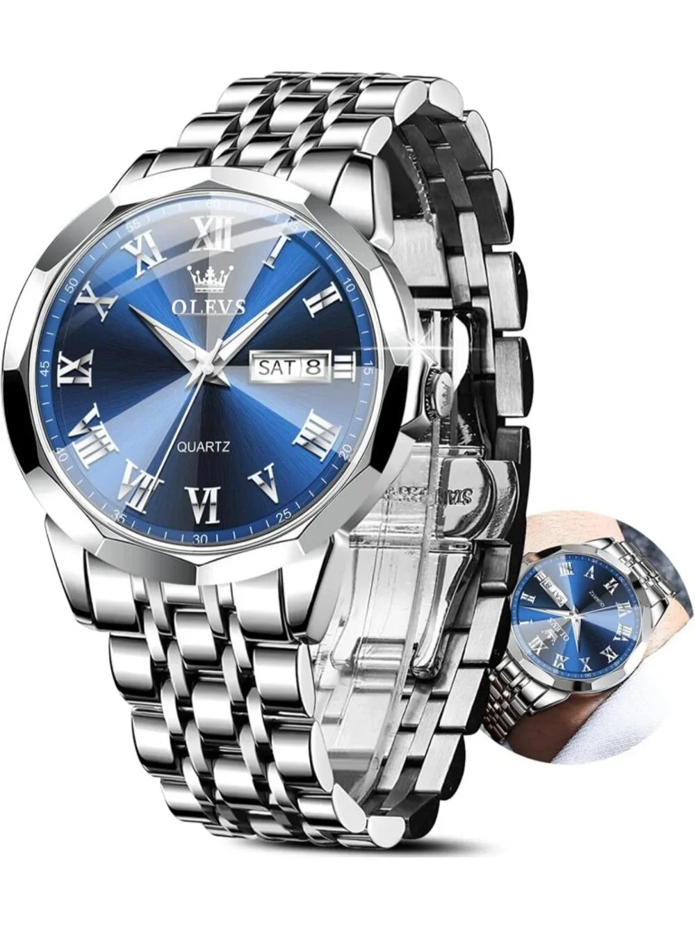 Men's Silver Blue Face Stainless Luminous Quartz Waterproof Round Classic Watch